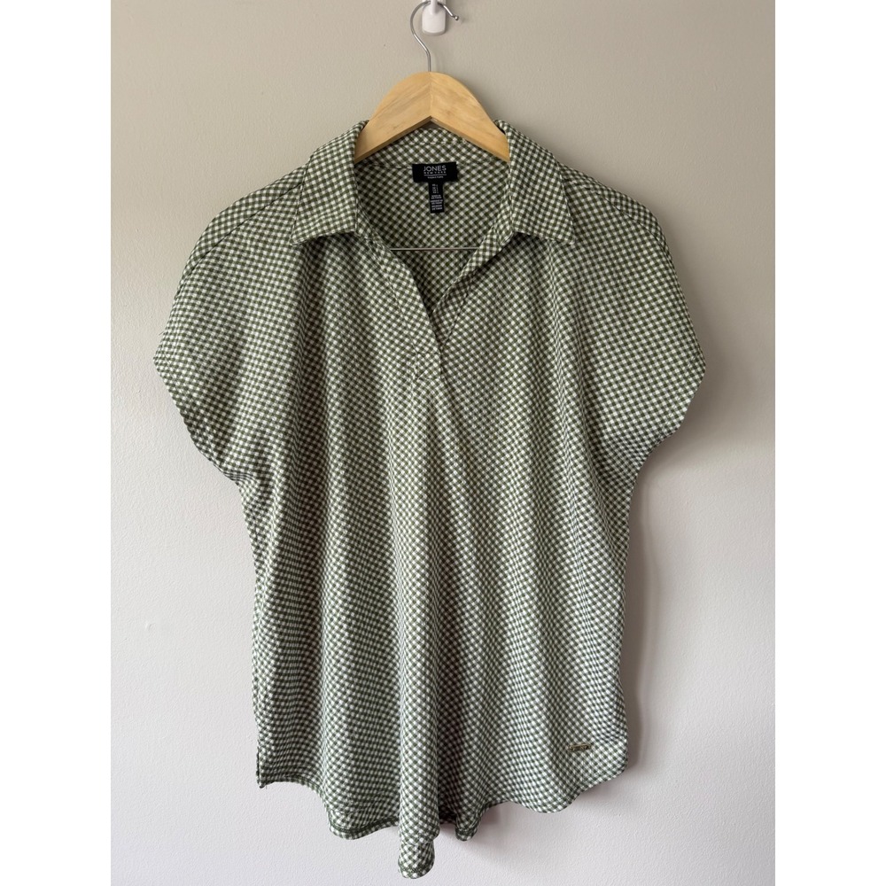 Jones New York Blouse Large Green Gingham V-Neck Short Sleeve Collared Top